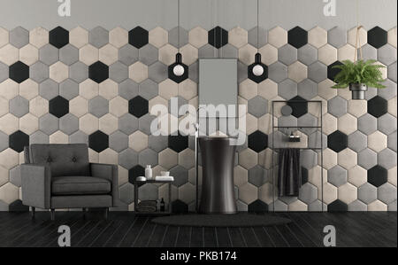 Badezimmer mit Waschbecken, sechseckige Fliesen und Stoff Sessel - 3D-Rendering Stockfoto