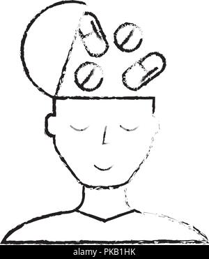 Porträt Mann Medikamente psychische Gesundheit Vektor-illustration thin line hand Zeichnung Stock Vektor