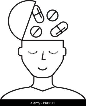 Porträt Mann Medikamente psychische Gesundheit Vektor-illustration dünne Linie Stock Vektor