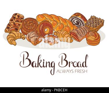Dekor für einen Shop oder Café mit Gebäck, Brot, backen. Bäckerei, Brot, Haus, handschriftliche Illustration mit Schriftzug. Schild, Vektor Stock Vektor