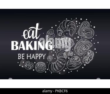 Dekor für einen Shop oder Café mit Gebäck, Brot, backen. Bäckerei, Brot, Haus, handschriftliche Illustration mit Schriftzug. Schild, Vektor Stock Vektor