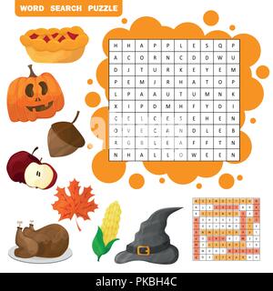 Lernen Sie Englisch mit einem Herbst Wort Suche Spiel für Kinder. Vector Illustration Stock Vektor