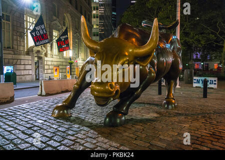 New York, USA. 8-31-17: Laden Stier in Lower Manhattan, New York City bei Nacht. Stockfoto