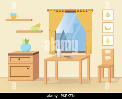 Esszimmer mit Möbel Vector Illustration. Küche mit Tisch, Stuhl, Regal und Schrank in Beigetönen. Interior Design. Stock Vektor