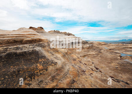 Sandstein Felsformationen entlang der Bucht von Laig, Insel Eigg Stockfoto