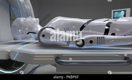 Roboter in einer medizinischen Einrichtung mit futuristischen Body Scan. 3D-Rendering Stockfoto