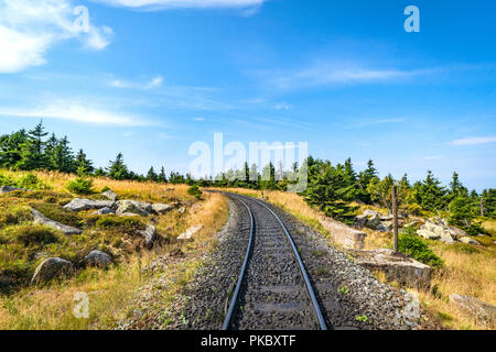 Eisenbahn Kurven auf der linken Seite in der Natur mit Pinien und Felsen unter einem blauen Himmel Stockfoto