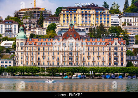 Luzern, Schweiz - 19. MAI 2018: Blick auf Luzern Stadt, die von der See. Luzern ist die Hauptstadt des Kantons Luzern in der Schweiz. Stockfoto