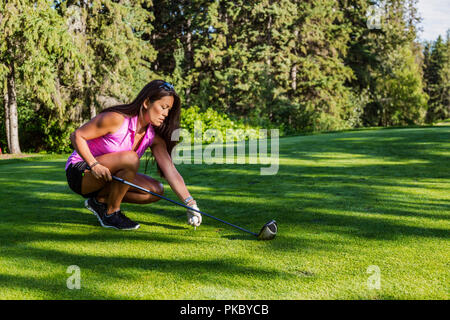 Ein weiblicher Golfspieler Orte einen Golfball auf einem T-Stück und macht sich bereit mit ihrem Fahrer zum T-Stück weg; Edmonton, Alberta, Kanada Stockfoto