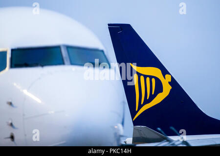 12. September 2018, Nordrhein-Westfalen, Weeze: Flugzeuge der irischen Fluggesellschaft Ryanair sind auf dem Vorfeld des Flughafen Weeze entfernt. In Deutschland, Mitarbeiter der Irischen Low-Cost-Airline Ryanair begonnen, einen 24-stündigen Streik am Mittwoch Nacht. Eine Sprecherin von Verdi sagte, dass mehrere Maschinen auf dem Boden geblieben war. Foto: Marcel Kusch/dpa Stockfoto