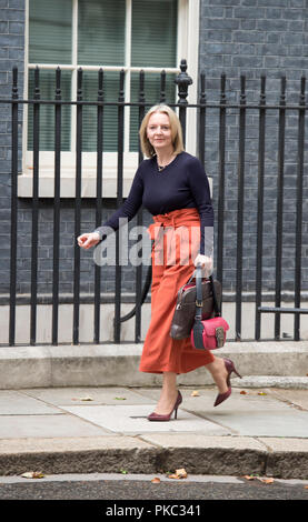 Downing Street, London, UK. 12. September 2018. Elizabeth Truss, Chief Secretary, Schatzamt kommt in Downing Street vor dem britischen Premierminister Theresa May Blätter wöchentliche Prime Minister Fragen bei den Häusern des Parlaments teilzunehmen. Credit: Malcolm Park/Alamy Leben Nachrichten. Stockfoto