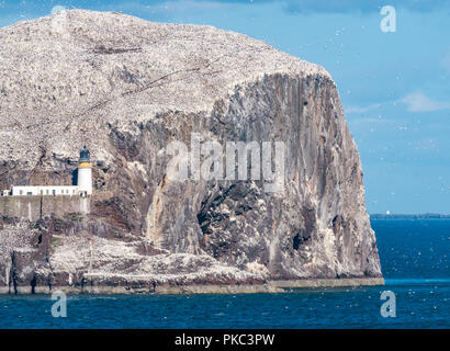 North Berwick, East Lothian, Schottland, Großbritannien, 12. September 2018. UK Wetter: Ein schöner sonniger Tag an der Ostschottischen Küste. Der Bass Rock im Firth of Forth, die Heimat der weltweit größten Kolonie von Nordtölpeln, funkelt im Sonnenschein weiß.die Isle of May, ein schottisches Naturerbe-Seevögelreservat, liegt in der Ferne Stockfoto