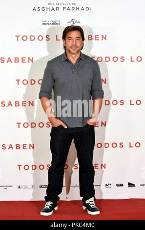 Präsentation von Todos lo saben Film URSO Hotel in Madrid, Spanien. September 12, 2018. Sierra/797/Cordon drücken Sie Javier Bardem. Stockfoto