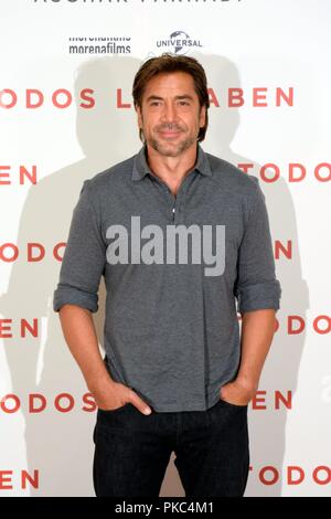 Präsentation von Todos lo saben Film URSO Hotel in Madrid, Spanien. September 12, 2018. Sierra/797/Cordon drücken Sie Javier Bardem. Stockfoto