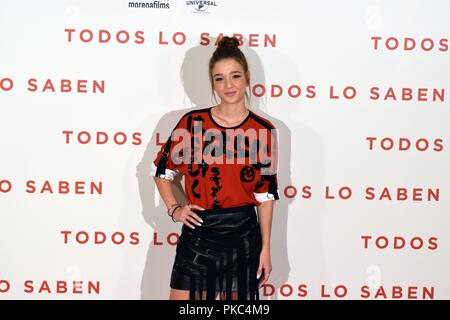 Photocall de Präsentation de la última película del Regisseur Asghar Farhadi, La producción Española TODOS LO SABEN Präsentation von Todos lo saben Film URSO Hotel in Madrid, Spanien. September 12, 2018. Sierra/797/Cordon drücken Sie Carla Campra Stockfoto