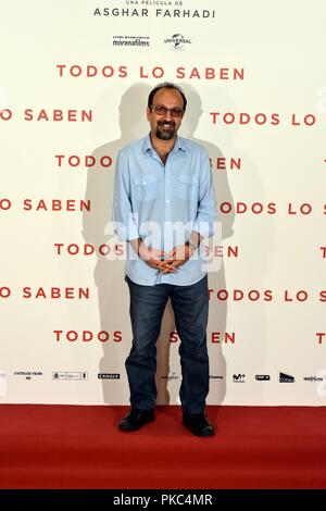 Photocall de Präsentation de la última película del Regisseur Asghar Farhadi, La producción Española TODOS LO SABEN Präsentation von Todos lo saben Film URSO Hotel in Madrid, Spanien. September 12, 2018. Sierra/797/Cordon drücken Sie Regisseur Asghar Farhadi Stockfoto