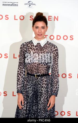 Photocall de Präsentation de la última película del Regisseur Asghar Farhadi, La producción Española TODOS LO SABEN Präsentation von Todos lo saben Film URSO Hotel in Madrid, Spanien. September 12, 2018. Sierra/797/Cordon drücken Sie Barbara Lennie Stockfoto