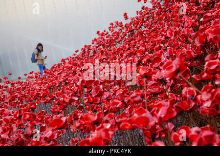 Salford, UK. 12. September 2018. Besucher am Imperial War Museum North Blick auf 'Welle' und 'weinende Fenster' eine Installation des Künstlers Paul Cummins und Installation, der von Tom Piper. Die Installation wurde ursprünglich an der HM Tower von London von August bis November 2014 Wo 888,246 Mohnblumen angezeigt wurden, eine für jeden Britischen oder kolonialen Leben an der Front während des Ersten Weltkrieges verloren. Gemeinsam werden die Skulpturen Wave und Weinende Fenster sind von über 11.000 Mohn gemacht. Credit: Premos/Alamy leben Nachrichten Stockfoto