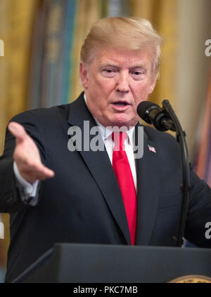 Washington, Vereinigte Staaten von Amerika. 12 Sep, 2018. Präsidenten der Vereinigten Staaten Donald J. Trumpf macht Bemerkungen auf der Congressional Medal of Honor Society Empfang im East Room des Weißen Hauses in Washington, DC am Mittwoch, 12. September 2018. Credit: Ron Sachs/CNP | Verwendung der weltweiten Kredit: dpa/Alamy leben Nachrichten Stockfoto