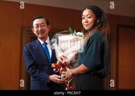 Yokohama, Japan. 13 Sep, 2018. Naomi Osaka Tennis: US Open Frauen singles Sieger, japanische Tennisspielerin Naomi Osaka, nimmt an einer Pressekonferenz in Yokohama, Japan. Credit: Sho Tamura/LBA SPORT/Alamy leben Nachrichten Stockfoto