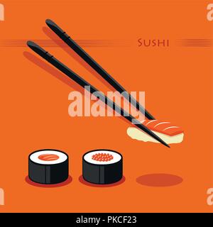 Sushi mit Lachs und Kaviar auf einem orangefarbenen Hintergrund Vektor-illustration EPS 10. Stock Vektor