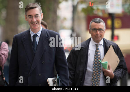 Jakob Rees-Mogg im Royal United Services Institute (RUSI) in Whitehall, London anreisen, Brexit Vorschläge zu diskutieren. Stockfoto