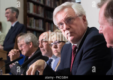 David Davis spricht während des Royal United Services Institute (RUSI) in Whitehall, London, Brexit Vorschläge zu diskutieren. Stockfoto