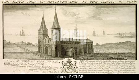 "Der Blick nach Süden von Reculver-Abbey in der Grafschaft Kent", 1735. Künstler: Samuel Buck, Nathaniel Buck. Stockfoto