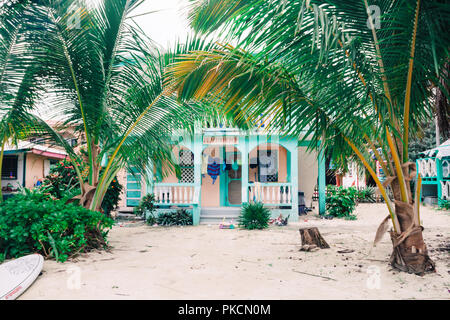 Grünes Holz Beach House in Palmen am Sandstrand Stockfoto