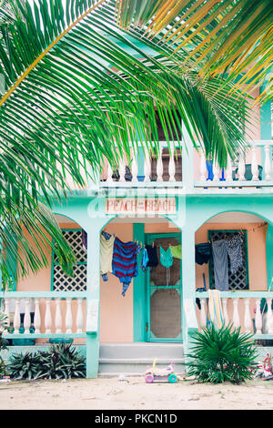 Grünen tropischen Holz- Beach House in Palmen Stockfoto