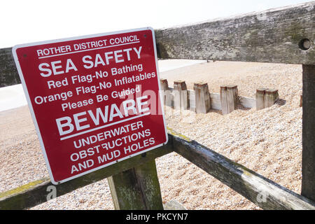 Seaside Warnung, Bexhill-on-Sea, Großbritannien Stockfoto