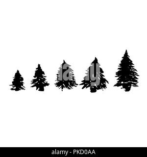 Satz von Tannenbaum Silhouetten. Schwarz grunge Weihnachtsbäume. Aquarell Fichten auf weißem Hintergrund. Vector Illustration. Stock Vektor