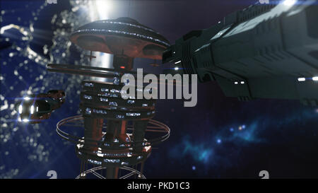 3D-Rendering. Leistungsstarke Raumstation und ein scifi Raumschiff Stockfoto