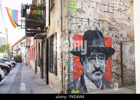 Street Art auf der KC Grad Gebäude an Branka Krsmanovica Straße in Belgrad, Serbien. Stockfoto