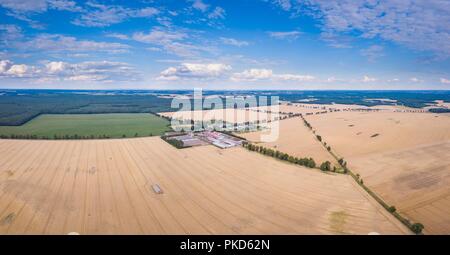 Antenne mit Felder im Sommer und Windmill Farm. Polnische Landschaft Stockfoto