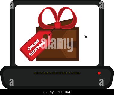 Laptop mit einem Geschenk. Online Shopping. Vector Illustration Design Stock Vektor