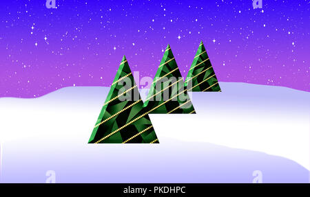Hier ist eine Grafik von Weihnachtsbäumen im Schnee., Weihnachtsmann, Geschenkboxen Stockfoto