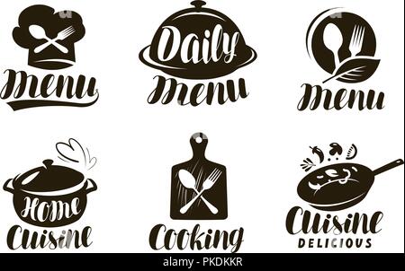 Küche, Kochen Logo oder Label. Satz von Plaketten für die Speisekarte im Restaurant Design. Vektor Schriftzug Stock Vektor