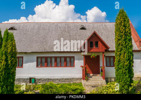Schöne alte rumänische traditionelles Haus mit Holz Fliesen Dach, Eingangshalle, Blumen und Windows. Stockfoto