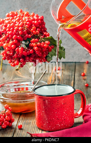 Noch immer leben Beeren eines Viburnum in ein Glas und Becher mit heißem Tee und Honig auf einer hölzernen Tisch. Grüner Tee gießen aus einer Teekanne. Herbst Konzept essen Agricult Stockfoto
