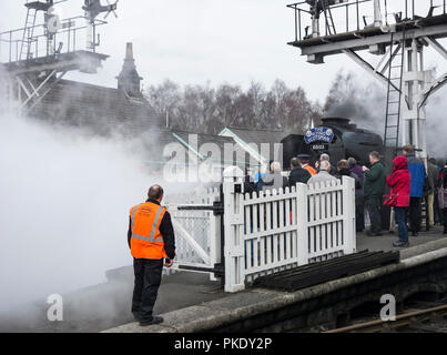 Der Flying Scotsman bei Grosmont Station, North York Moors Railway, North Yorkshire, England. Großbritannien Stockfoto