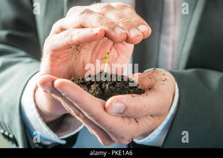 Geschäftsmann Holding eine sprießende Sämling im fruchtbaren Erde hohle in seiner Hand in einem konzeptionellen Bild von Umweltbewusstsein oder Business Stockfoto