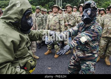 Soldaten mit dem 15 Royal Malay Regiment, eine weitere Überprüfung auf Verunreinigungen, die während der Übung Keris Streik, Juli 24, 2018, Camp Senawang, Malaysia. Malaysische und US-Soldaten wurden gemeinsam die auf grundlegende Dekontaminierungsverfahren unterrichten und trainieren. Stockfoto