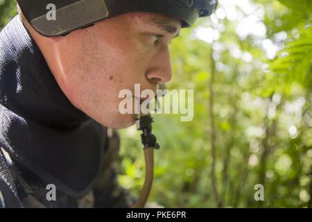 Lance Cpl. Daniel S. Divirgilio Getränke aus seinem hydration Pouch im Jungle Warfare Training Center, Okinawa, Japan, 25. Juli 2018. Marines müssen ständig Hydrat während der Übungen in den feuchten Okinawan Dschungel, um Verletzungen zu verhindern. Divirgilio, ein Eingeborener von Grafton, Massachusetts, ist eine Maschine gunner mit taktischen Einsatzbereitschaft und Ausbildung Platoon, Marine Logistik Hauptsitz der Gruppe, 3. MLG. Stockfoto