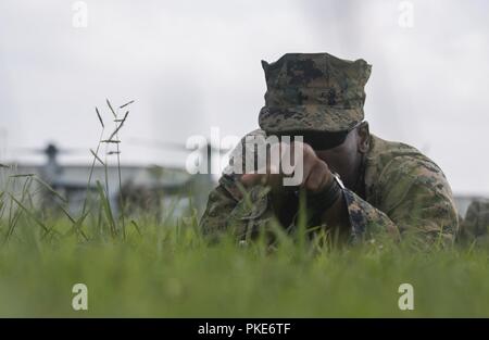 Sgt. Stevone Hirsche, ein Feld Artillerie cannoneer mit Fox Batterie Bataillon Landung Team, 2nd Battalion, 5th Marines, ein Eingeborener von McComb, Mississippi, simuliert die Sicherheit während der Proben für ein-aus-Bohrer in Camp Hansen, Okinawa, Japan, Juli, 26, 2018. Fox Batterie Marines bieten eine Präzision, die Artillerie Feuer Element zu BLT 2/5 der Bodenkampf Element für die 31 Marine Expeditionary Unit. Die 31. MEU, das Marine Corps' nur kontinuierlich vorwärts - bereitgestellt MEU, bietet eine flexible Kraft bereit, eine breite Palette von militärischen Operationen auszuführen. Stockfoto