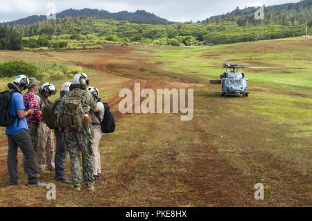 Haleiwa, Hawaii (28. Juli 2018) Marine und Luftwaffe überleben, Steuerhinterziehung, Widerstand, Flucht Vorbereiten einer MH-60S Sea Hawk Hubschrauber zum "Schwarzen Ritter" der Hubschrauber Meer Combat Squadron (HSC) 4 Bei einer gemeinsamen Personal Recovery Übung in Kahuku Training Bereich zugewiesen, während der Rand des Pazifik (Rimpac) Übung, Juli 18. Die servicemembers wird USS Carl Vinson (CVN 70) geflogen werden Marine Personal in der wiedereingliederung Techniken der wiederhergestellten zivile und militärische Kräfte zu trainieren. 25 Nationen, 46 Schiffe, 5 U-Boote, und etwa 200 Flugzeugen und 25.000 Perso Stockfoto