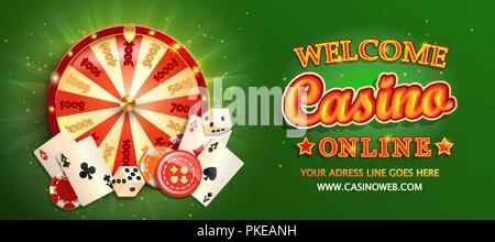 Online casino Banner mit Poker Karten, Würfeln, Chips, fortune Rad und andere spielende Designelemente Willkommen. Einladung Plakat Vorlage auf glänzenden Hintergrund. Vector Illustration. Stock Vektor