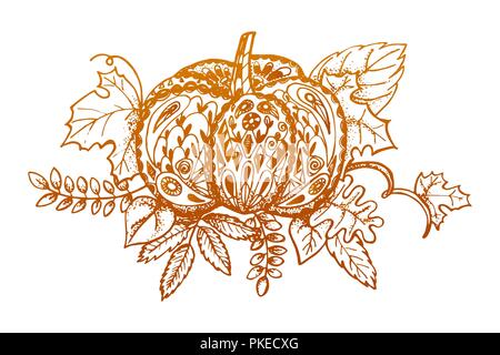Stilisierte Kürbis und Blätter auf weißem Hintergrund. Hand orange dekorative Kürbis Herbst Symbol gezeichnet. Stock Vektor
