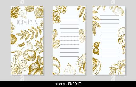 Weiß flayers mit Herbst goldene Blätter und Früchte. Einstellen der herbstlichen vertikale Hintergründe für Ihr Design. Stock Vektor