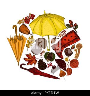 Herbstliche Stimmung inspirational Artikel im Kreis versammelt. Botanische Skizzen. Sonnenschirme und abgefallene Blätter, Pilze, Kastanien und Hund rose. Stock Vektor